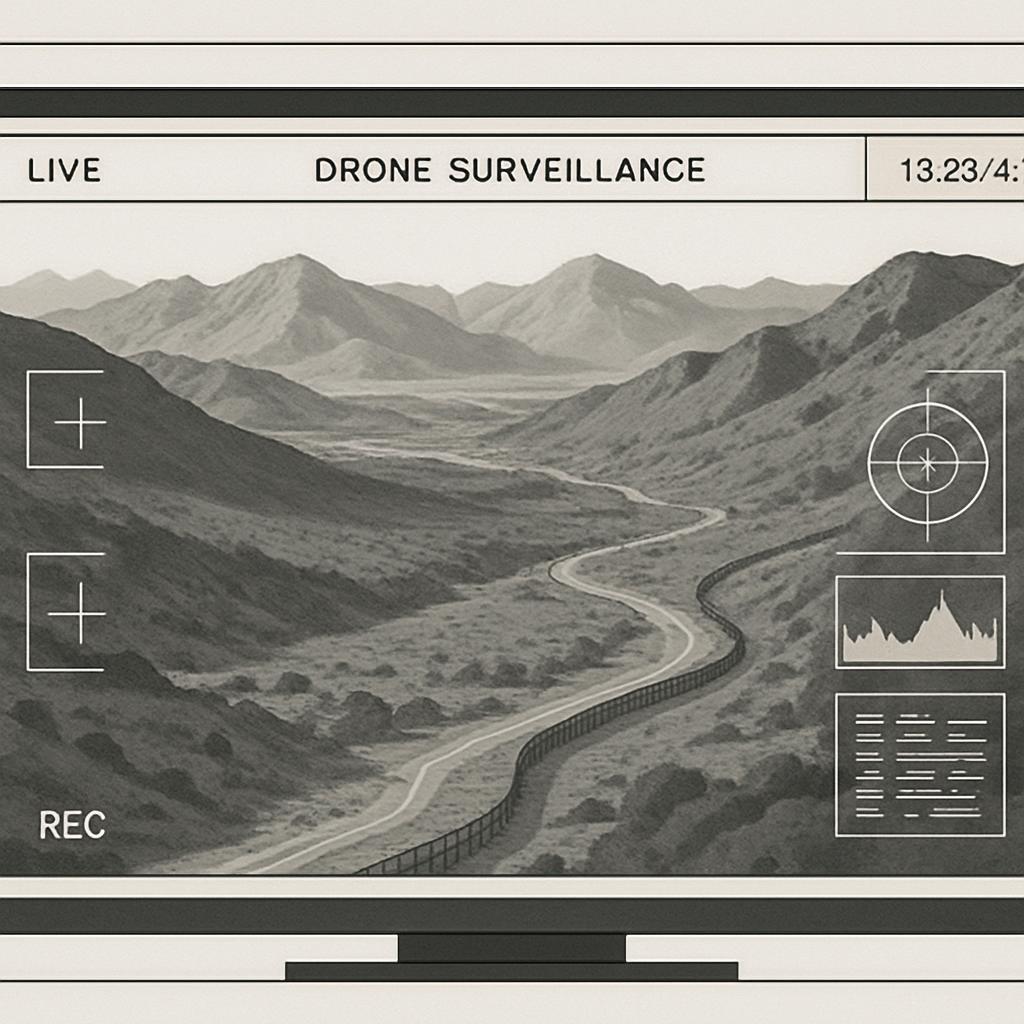 A black and white, stylized illustration of a drone surveillance screen rendering of a desolate road in a mountainous area...