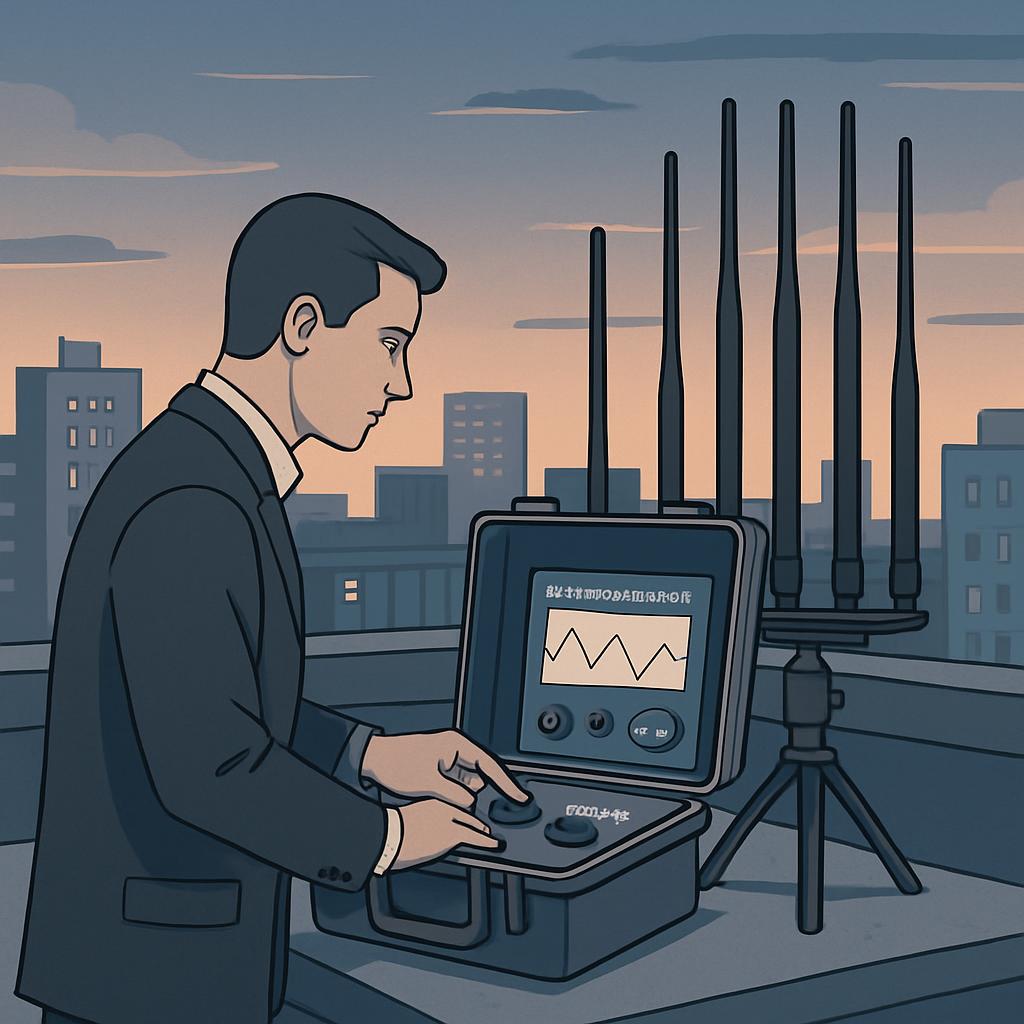 A man in a dark suit stands on a rooftop, operating a small, portable device resembling a military communications tool wit...