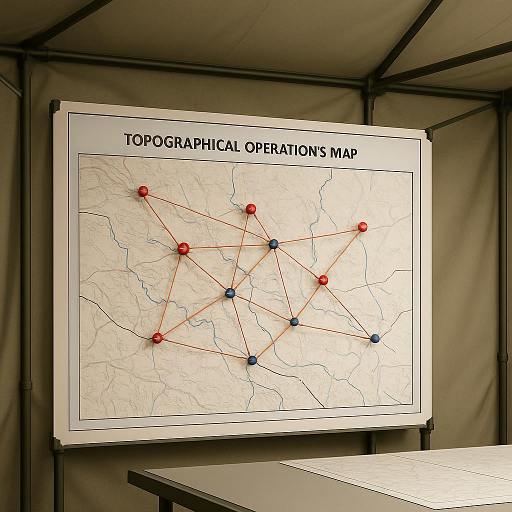 A topographical map and table in a military operations tent filled with tan fabric walls.