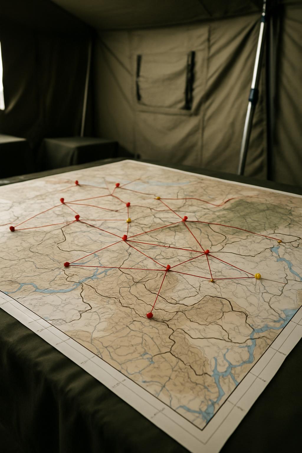 A large map with pinpoints and lines marking a network, possibly indicating connections or routes, is displayed in a milit...