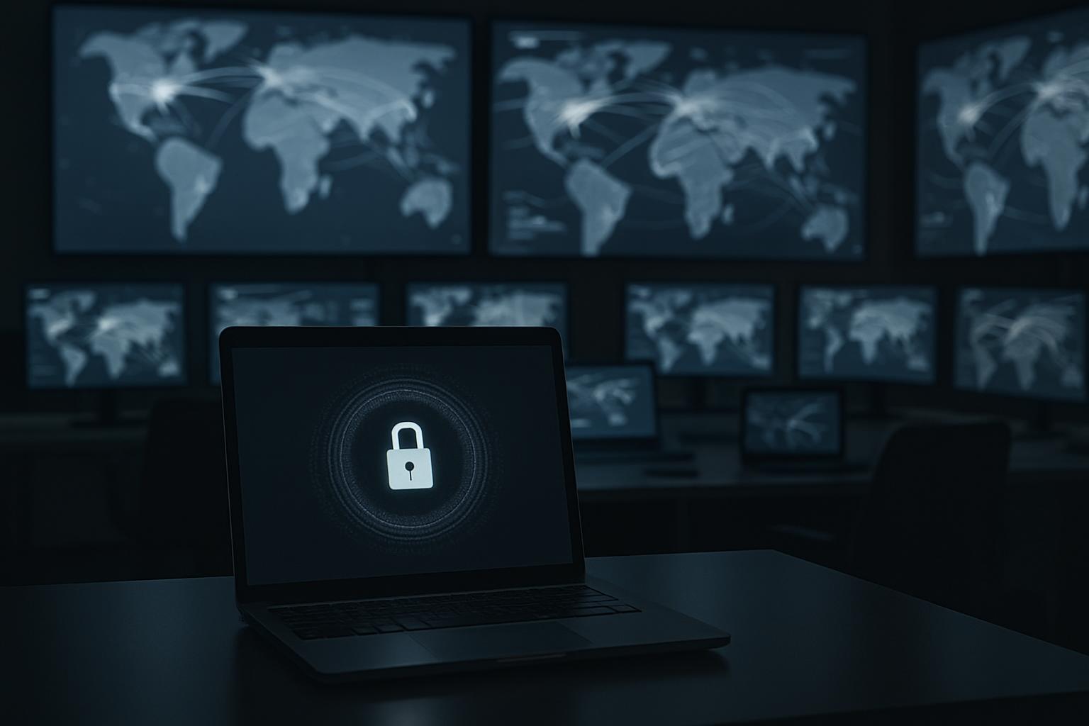 A darkened room with multiple computer monitors displaying global maps, featuring a laptop in the foreground with a padloc...