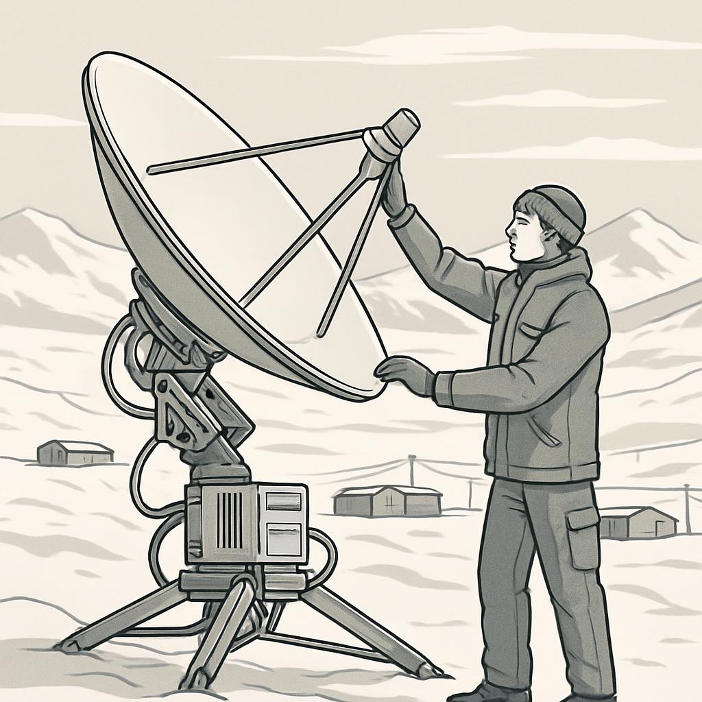 A person in winter clothing adjusts a large satellite dish in a snowy landscape.